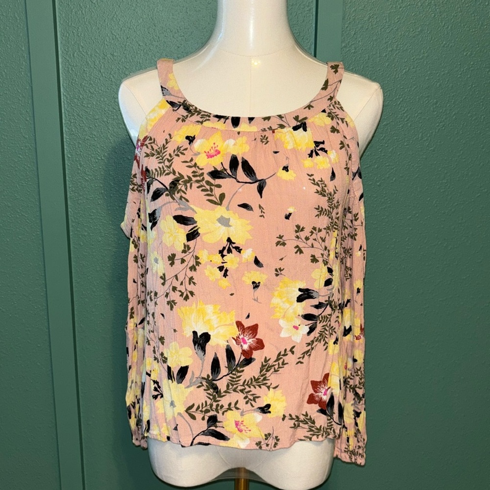 Women's pink florall long sleeve, shoulder cut out shirt, blouse